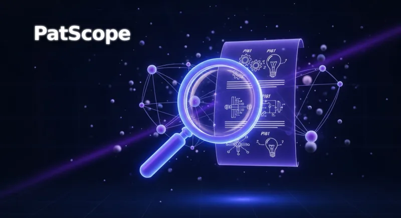 PatScope AI patent research tool interface with search results and prior art summary